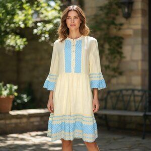 Haris Cotton Linen Dress Light Yellow Blue Gingham Peasant Coquette Womens Small